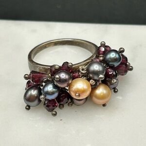 Dalia 925 Sterling silver Ring Size 7.5 red burgundy blue pearl bead #881